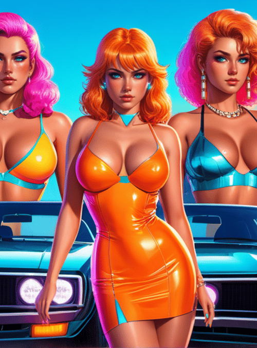 women, cars, neon