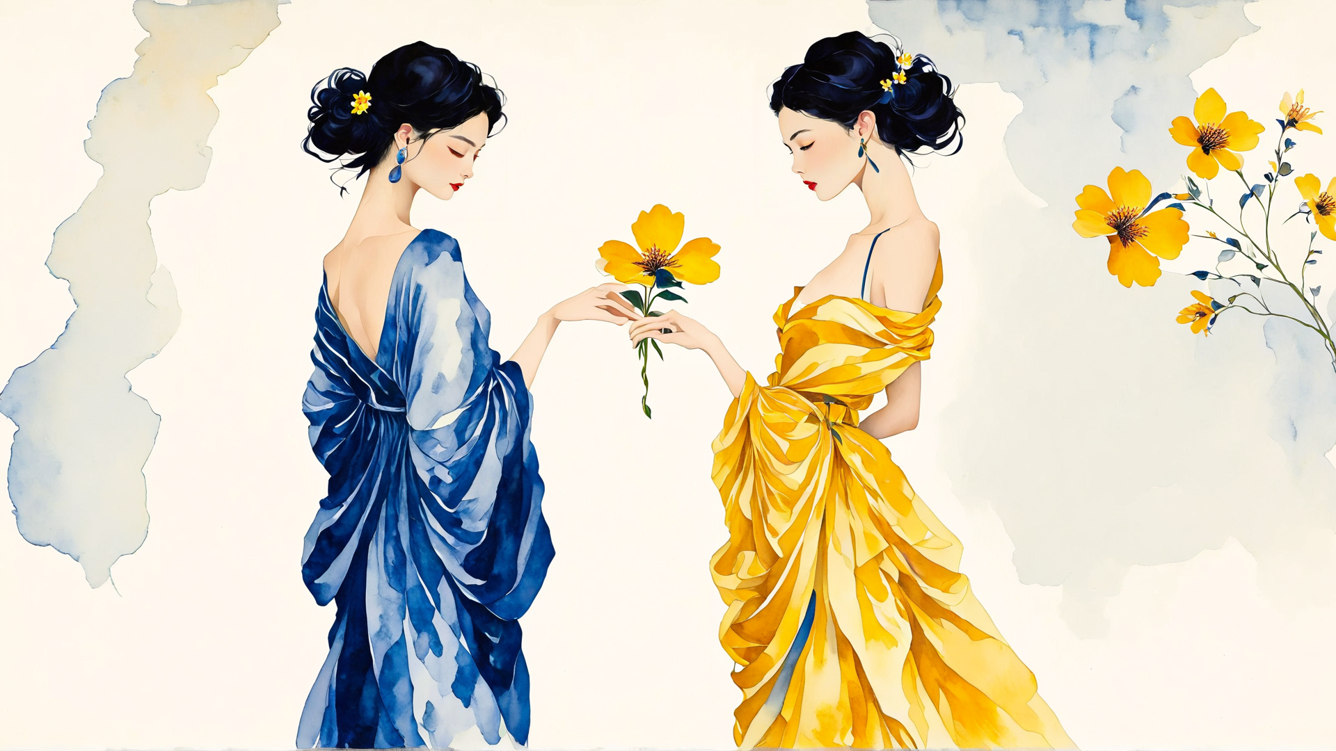 AI generated wallpaper featuring women, flowers, dress, hair, earrings, watercolor, art