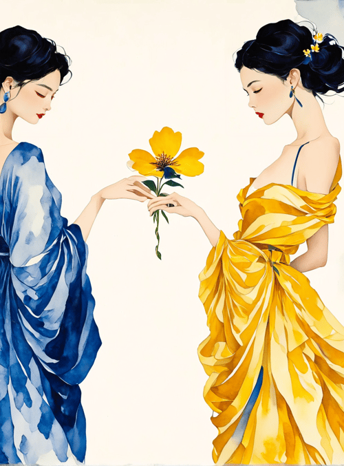 women, flowers, dress, hair, earrings, watercolor, art
