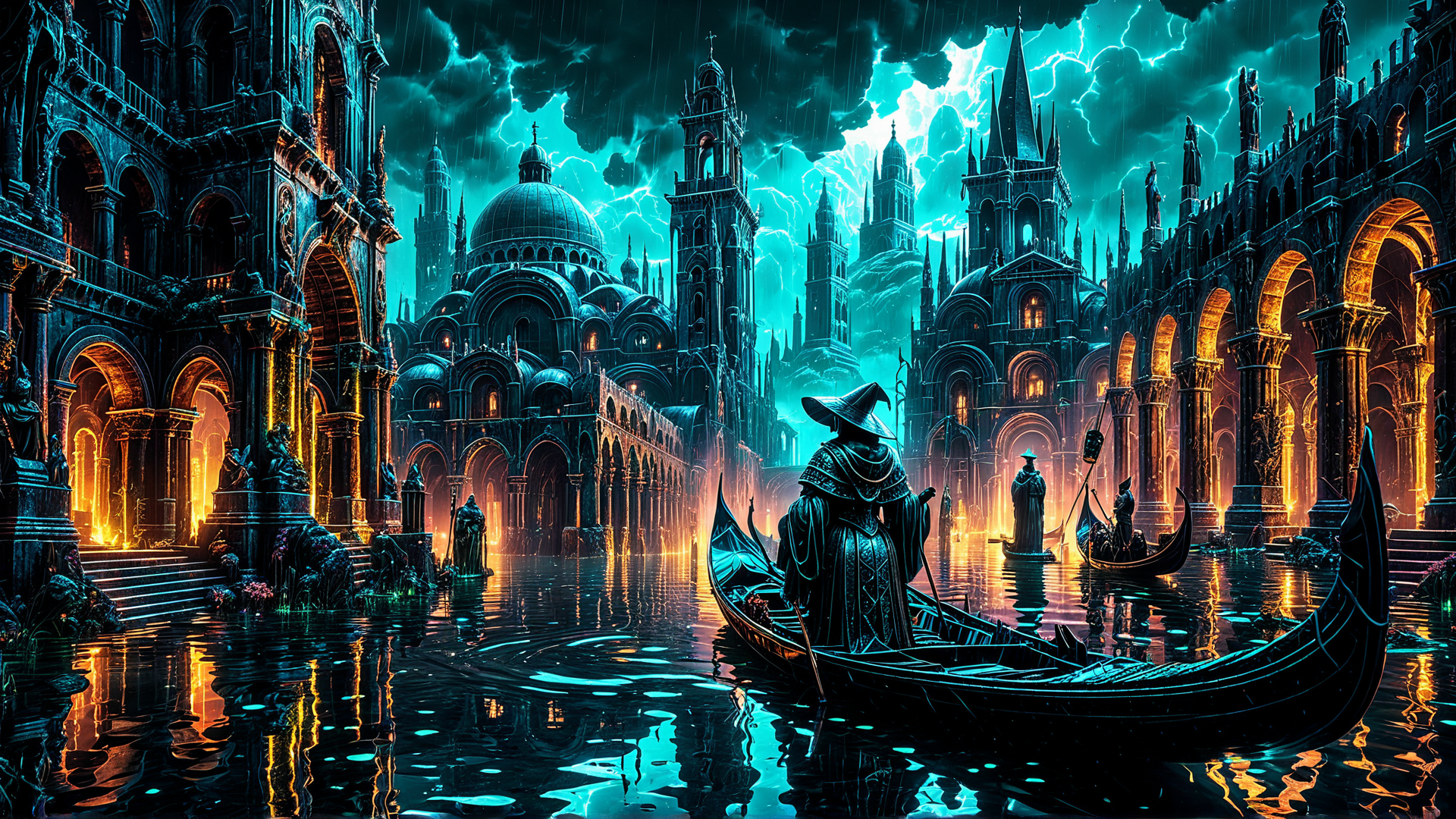 AI generated wallpaper featuring gondola, gothic architecture, robed figure
