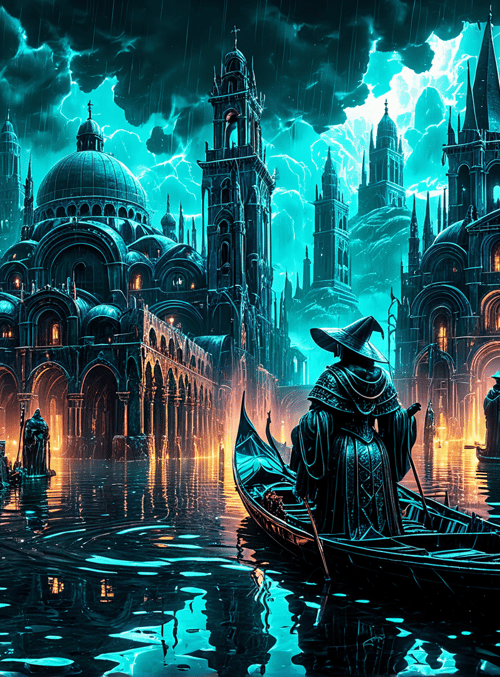 gondola, gothic architecture, robed figure