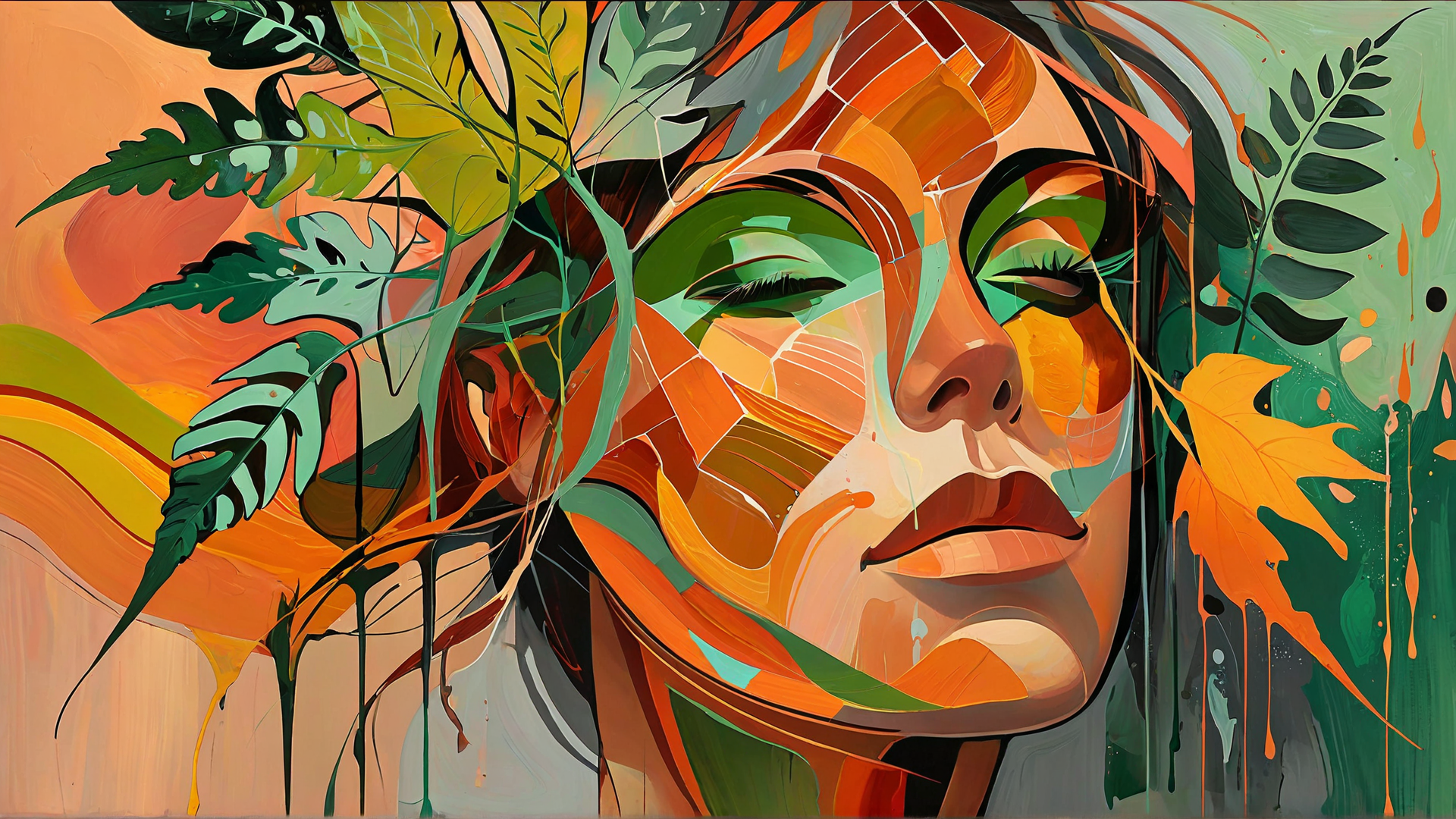 AI generated wallpaper featuring face, leaves, plants, nature, artwork