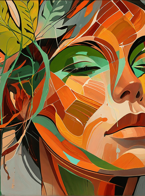 face, leaves, plants, nature, artwork