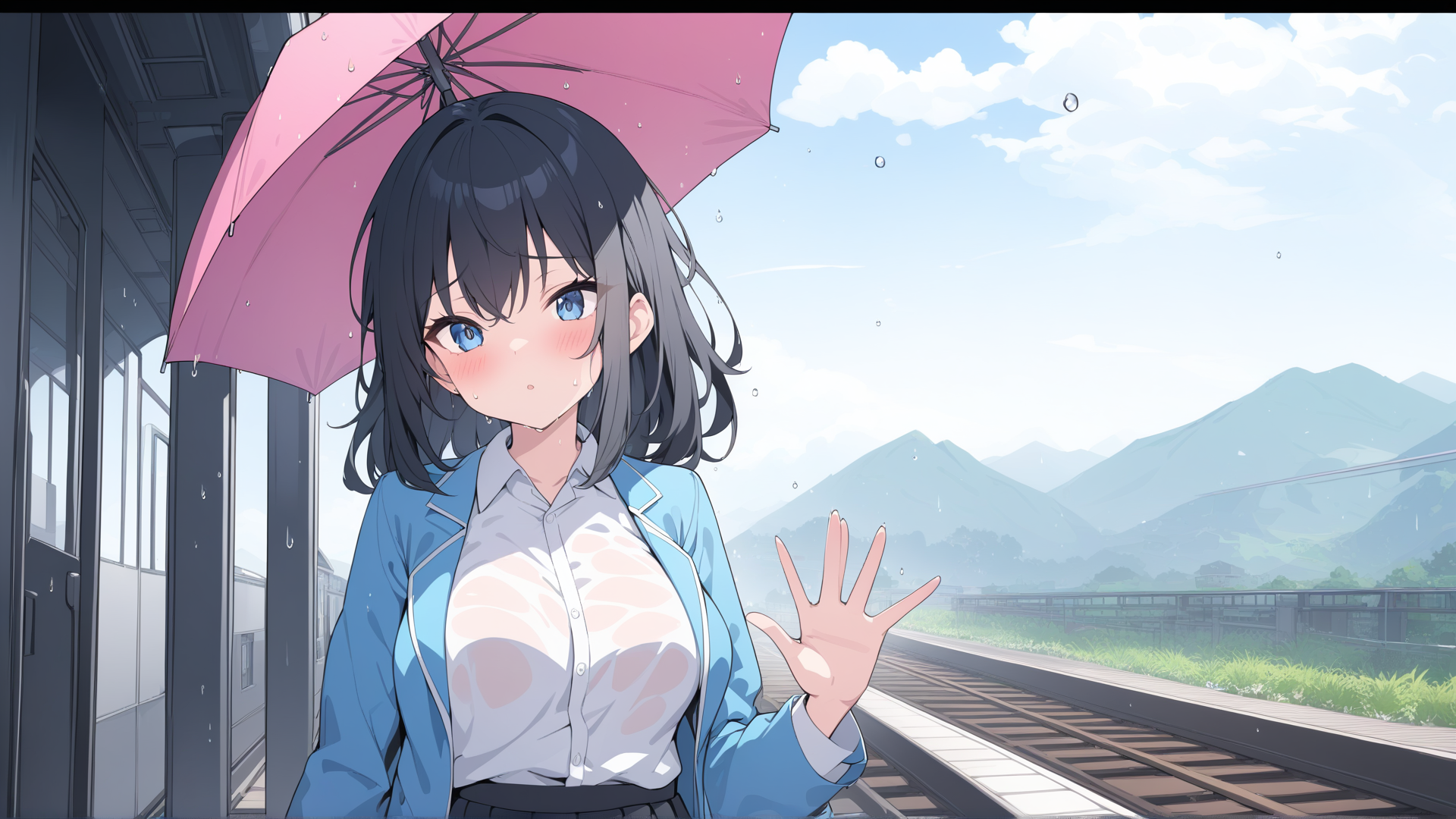AI generated wallpaper featuring girl, umbrella, train
