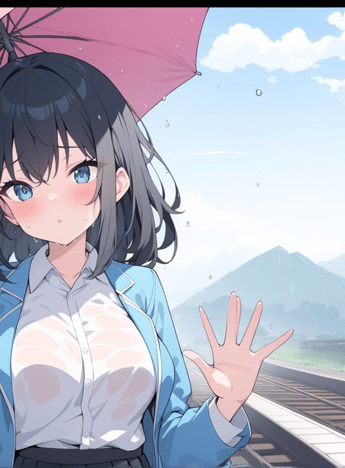 girl, umbrella, train