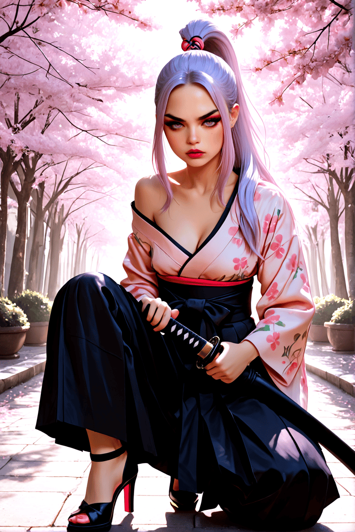 AI generated wallpaper featuring samurai, woman, sword, kimono, cherry blossom, high heels, hair, tree, pant, ankle strap