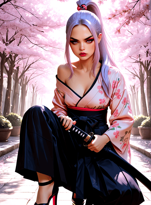 samurai, woman, sword, kimono, cherry blossom, high heels, hair, tree, pant, ankle strap