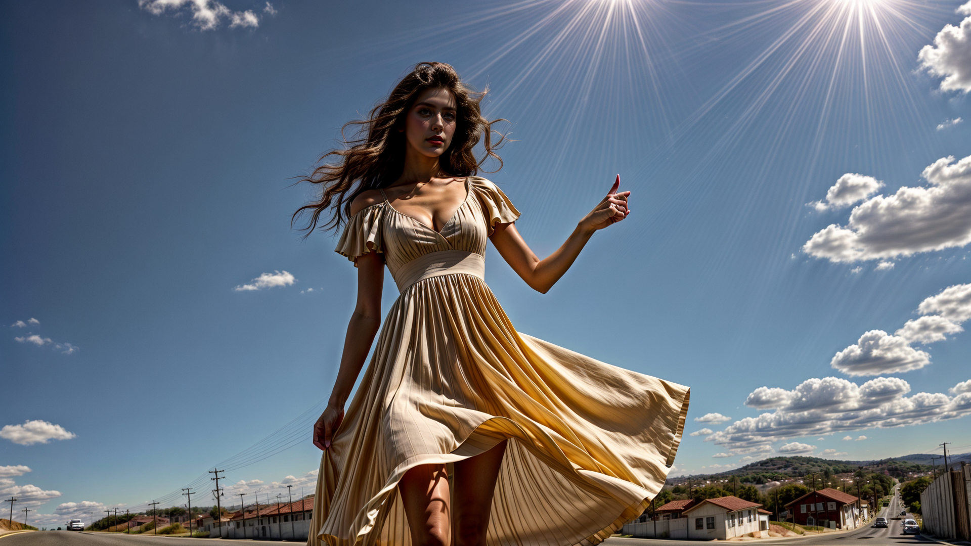 AI generated wallpaper featuring woman, dress, road