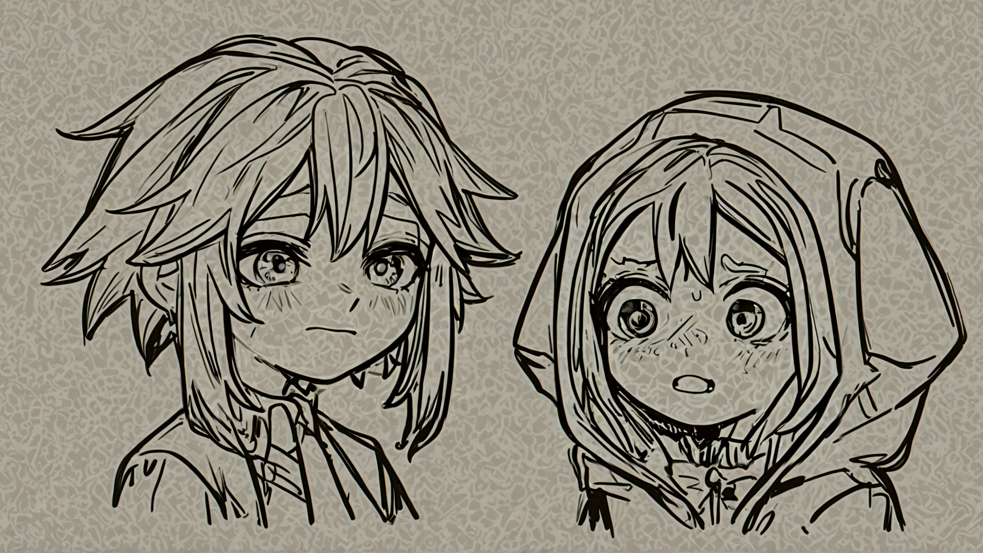 AI generated wallpaper featuring character, anime, sketch, two, people, face, boy, girl, hoodie, hair