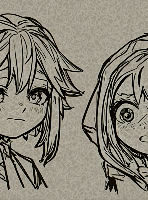 character, anime, sketch, two, people, face, boy, girl, hoodie, hair