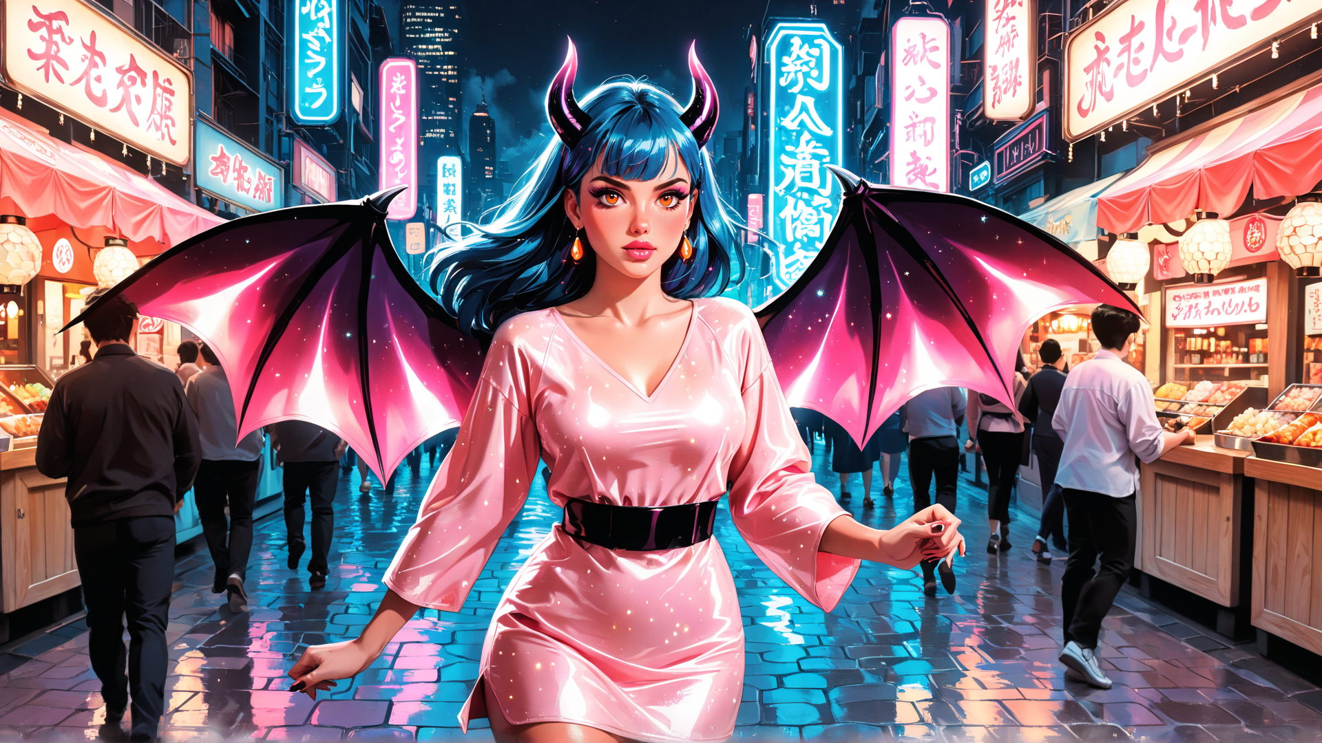 AI generated wallpaper featuring woman, devil, dragon, neon, street, market, city, signs, people, bats