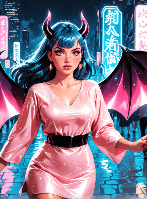 woman, devil, dragon, neon, street, market, city, signs, people, bats