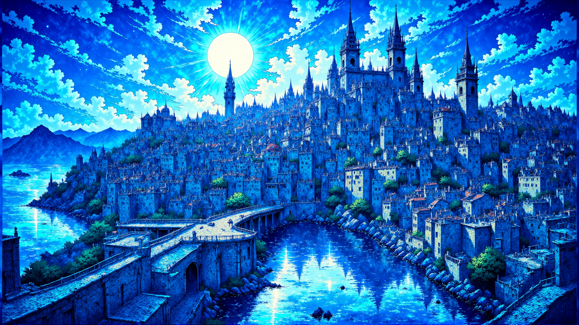 AI generated wallpaper featuring castle, city, bridge, river, mountain, sun, sky, cloud, building, tree