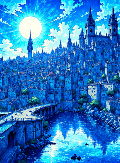 castle, city, bridge, river, mountain, sun, sky, cloud, building, tree