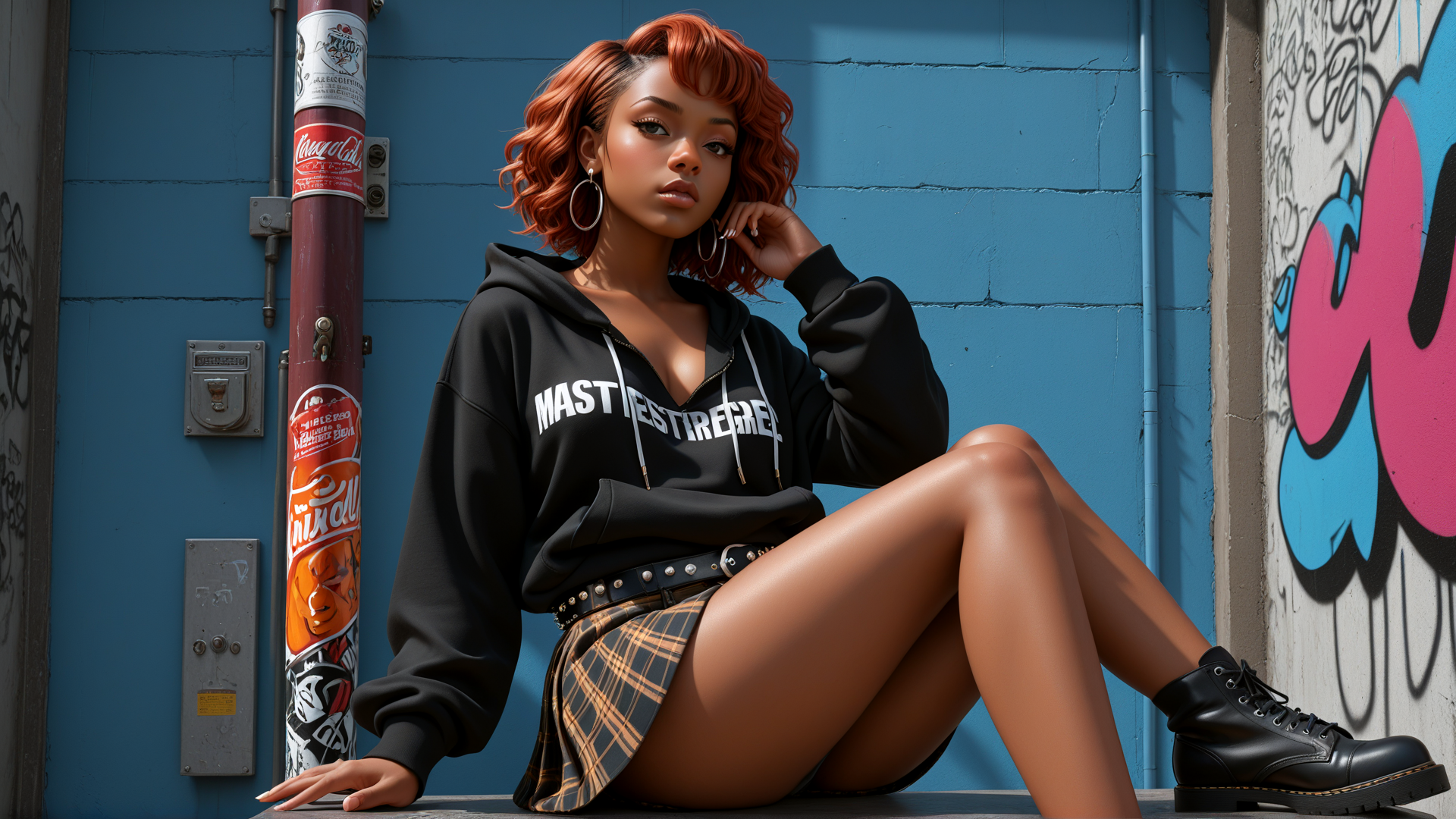 AI generated wallpaper featuring woman, hoodie, skirt, boots, graffiti, pipe