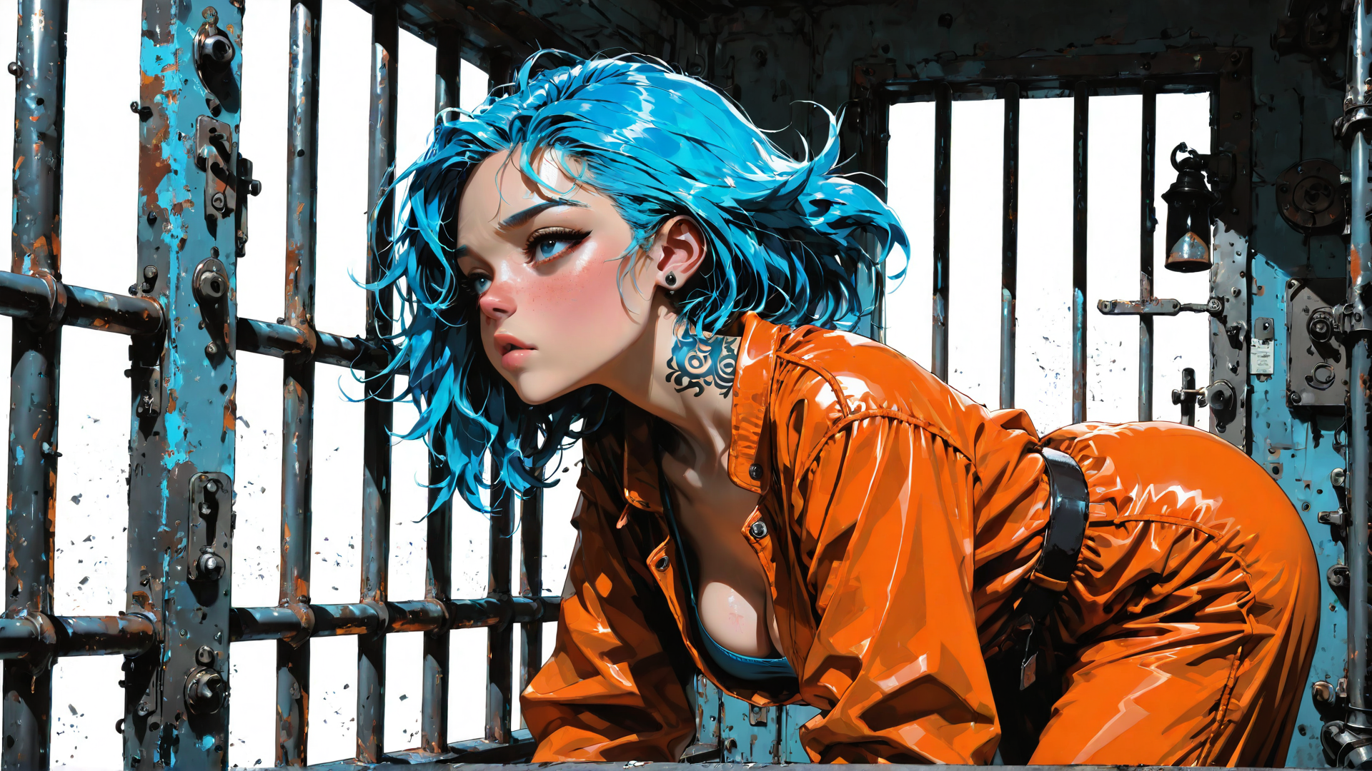 AI generated wallpaper featuring woman, prison, blue hair, orange jumpsuit, tattoo