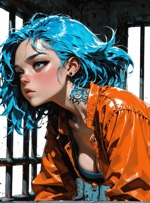 woman, prison, blue hair, orange jumpsuit, tattoo