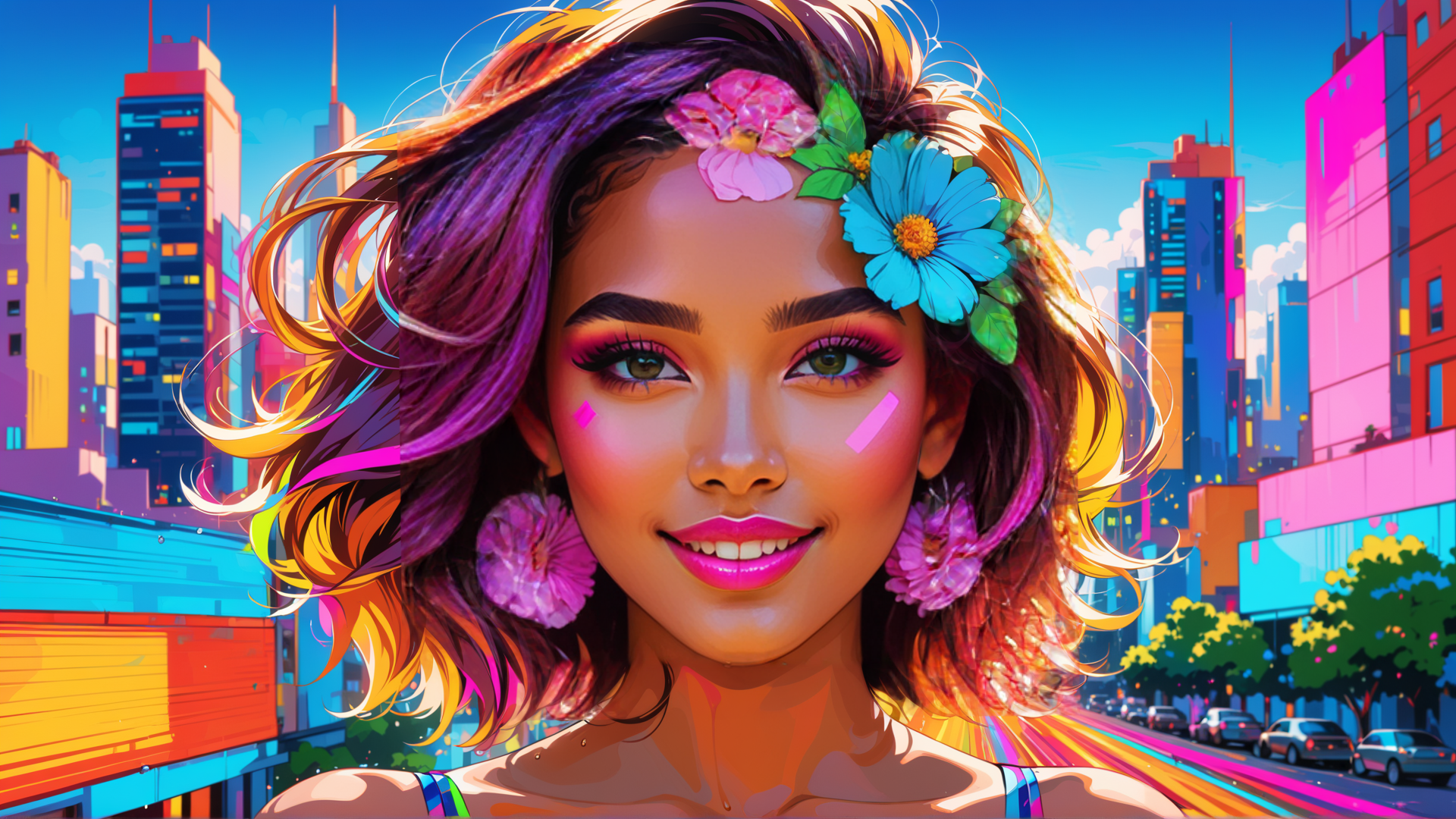 AI generated wallpaper featuring woman, cityscape, flowers