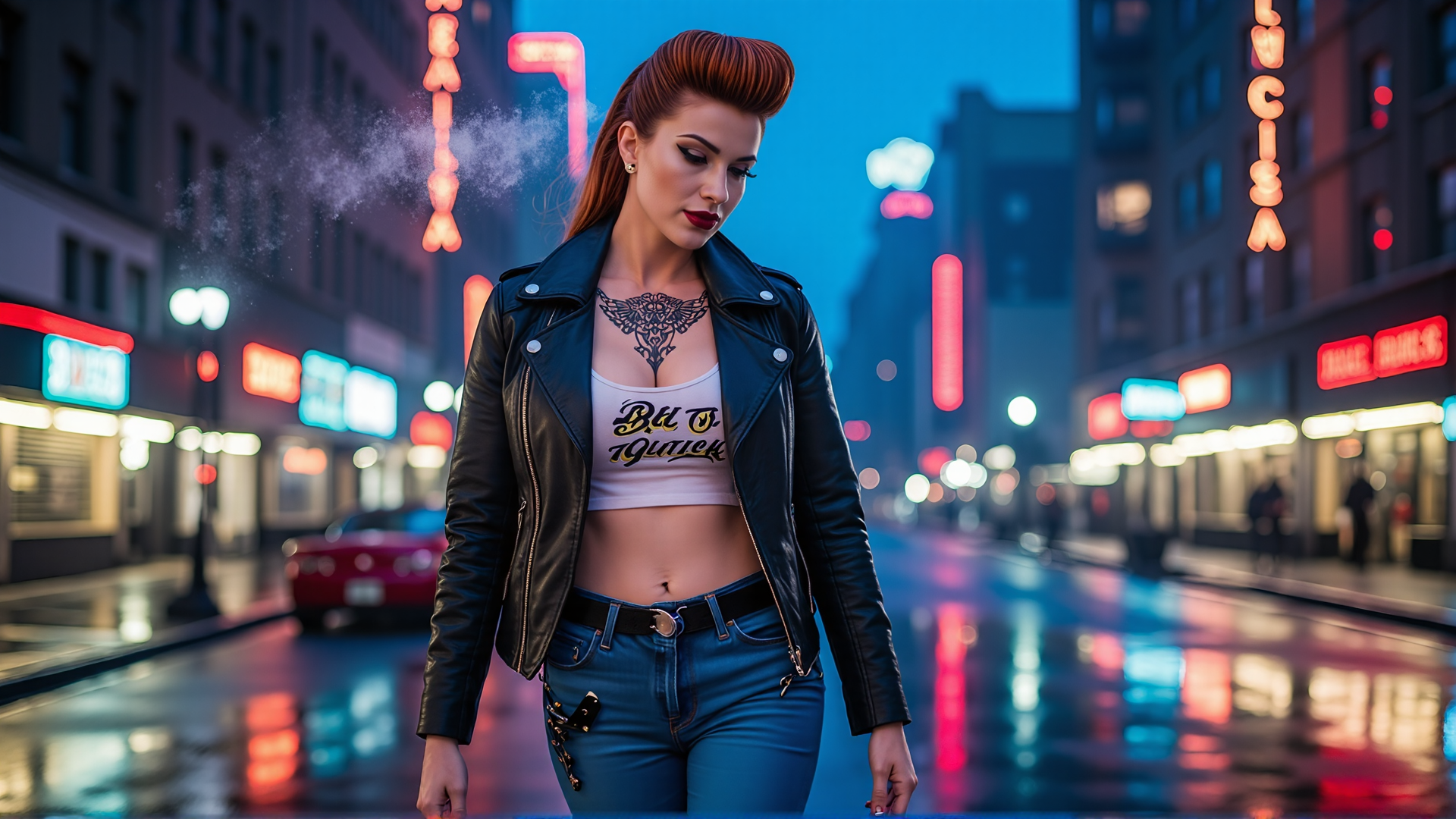 AI generated wallpaper featuring woman, street, neon, tattoo, jacket, jeans, city, signs, car, smoke