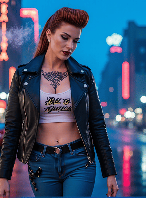 woman, street, neon, tattoo, jacket, jeans, city, signs, car, smoke