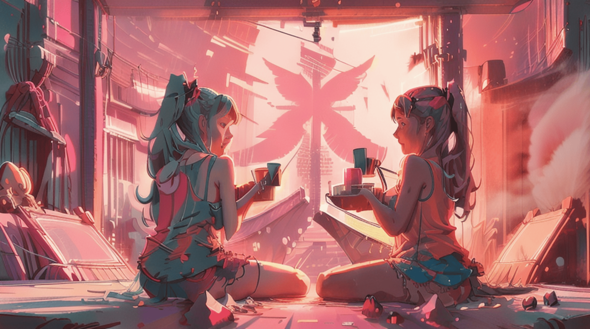 AI generated wallpaper featuring girls, painting, city