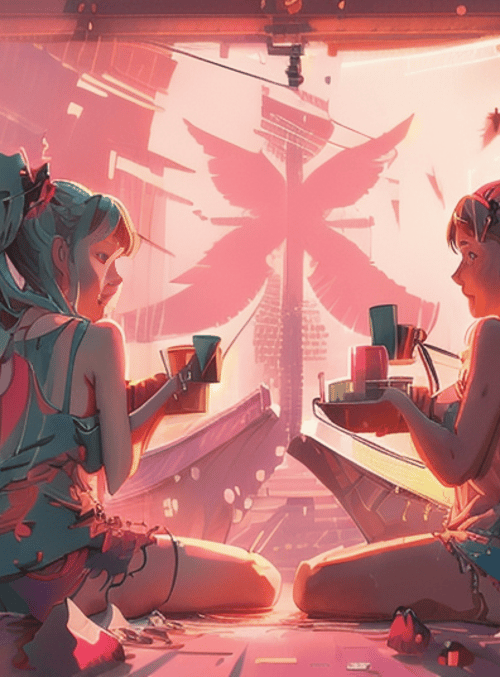 girls, painting, city