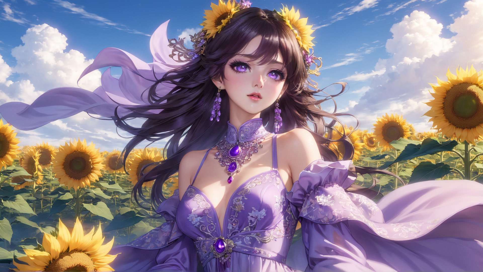 AI generated wallpaper featuring woman, sunflower, dress