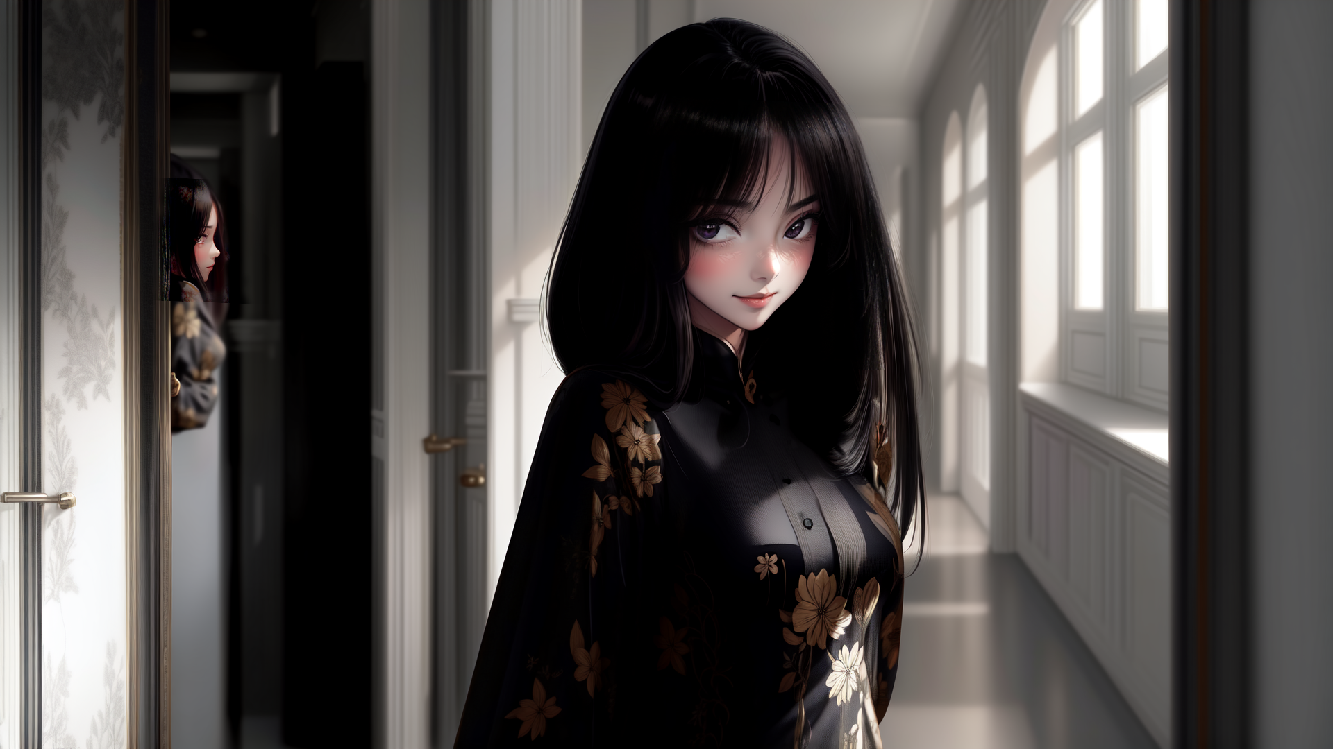 AI generated wallpaper featuring woman, corridor, window