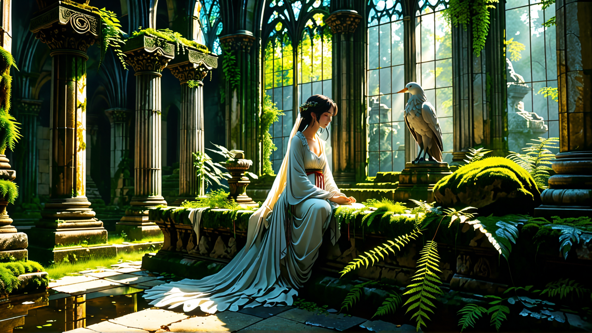 AI generated wallpaper featuring woman, bird, column, moss, fountain, window, stone, plant, dress, light