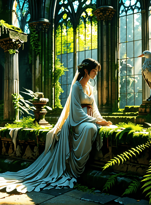 woman, bird, column, moss, fountain, window, stone, plant, dress, light