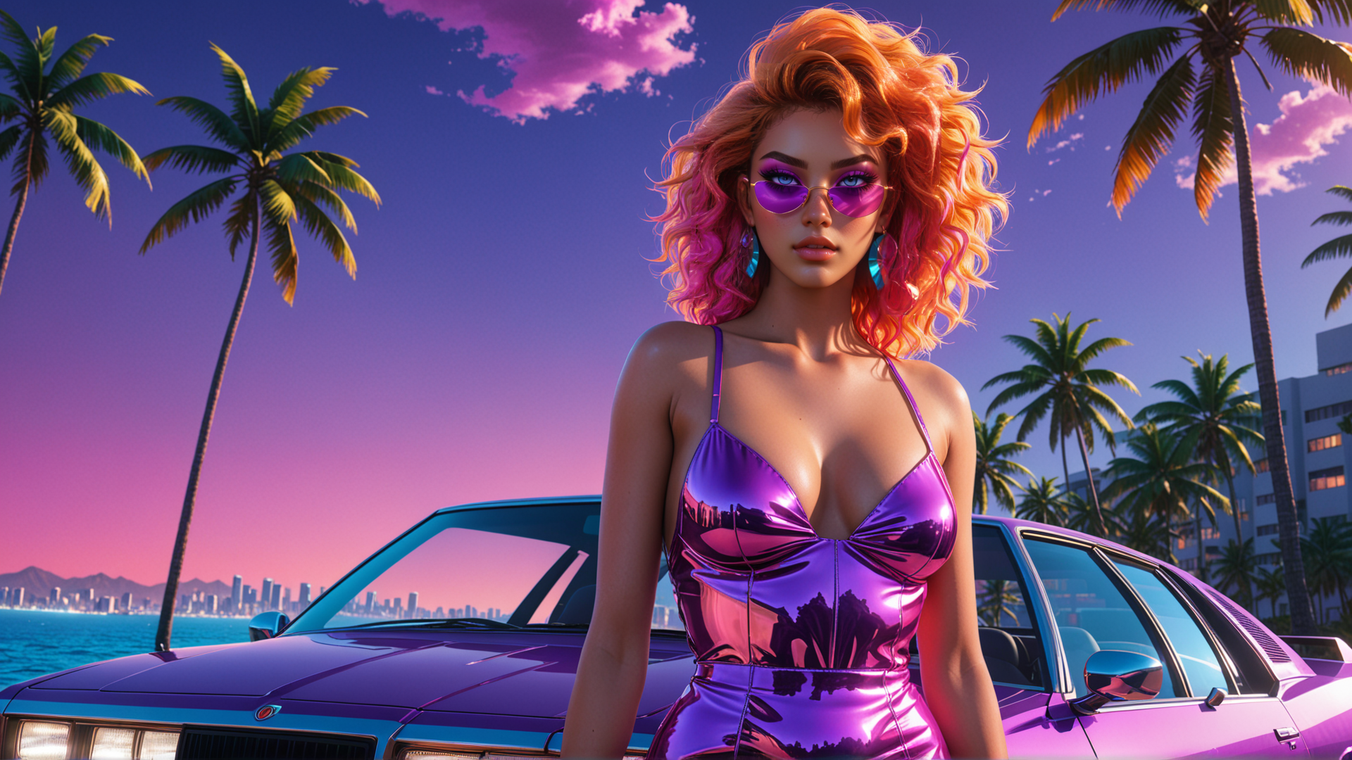 AI generated wallpaper featuring woman, car, palm tree