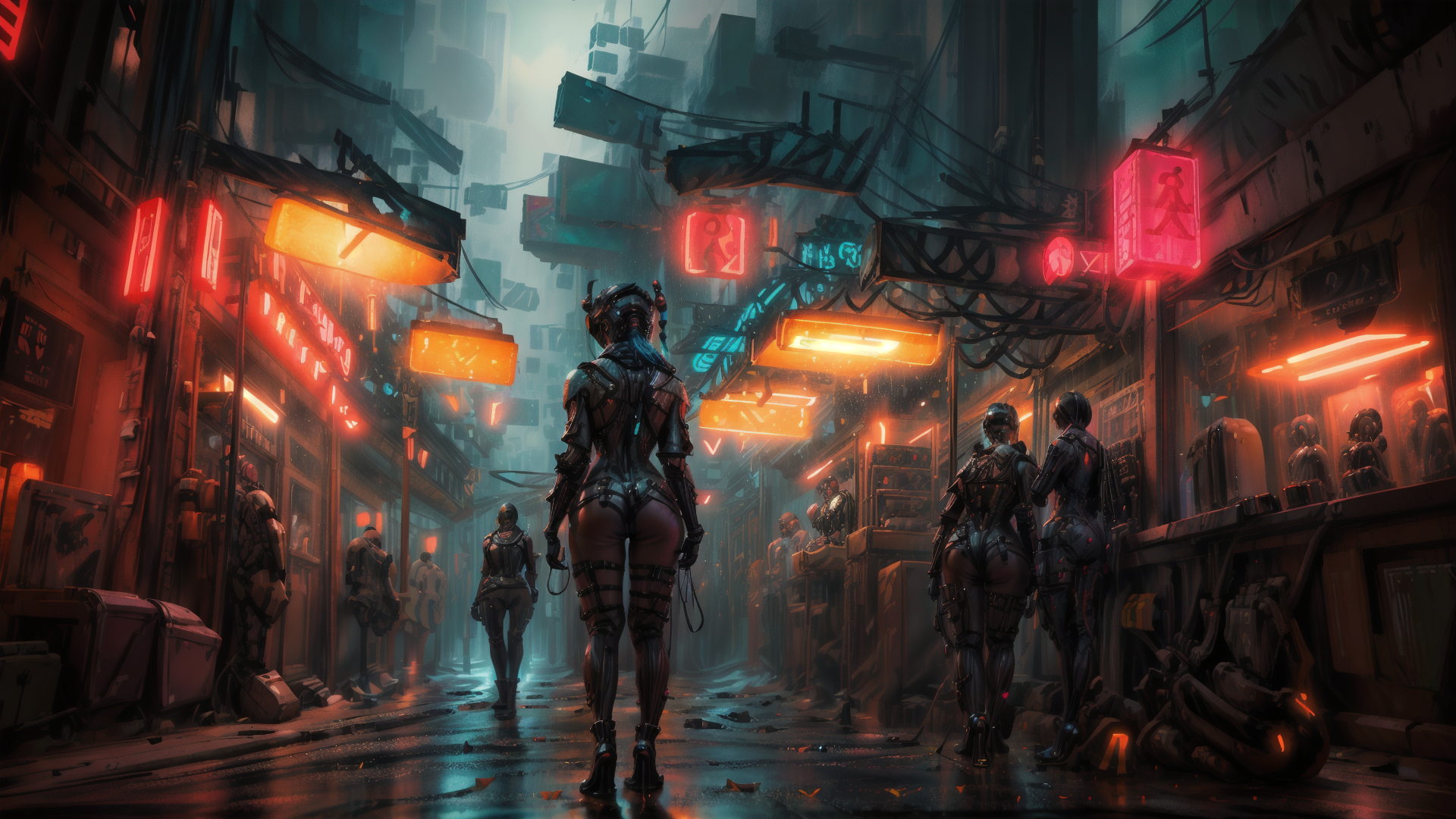 AI generated wallpaper featuring cyborg, neon, city