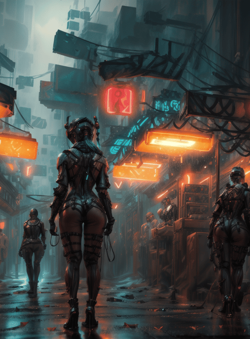 cyborg, neon, city