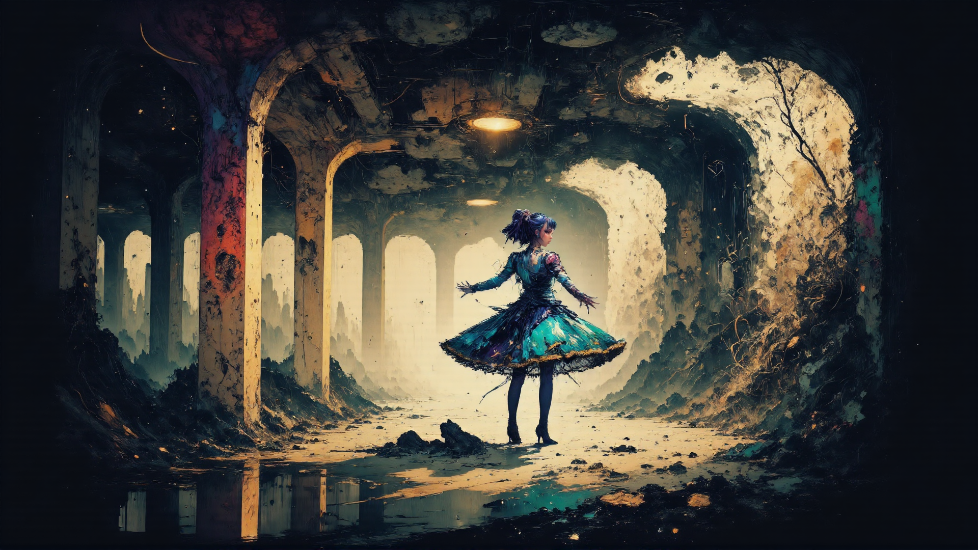 AI generated wallpaper featuring girl, dress, ruins