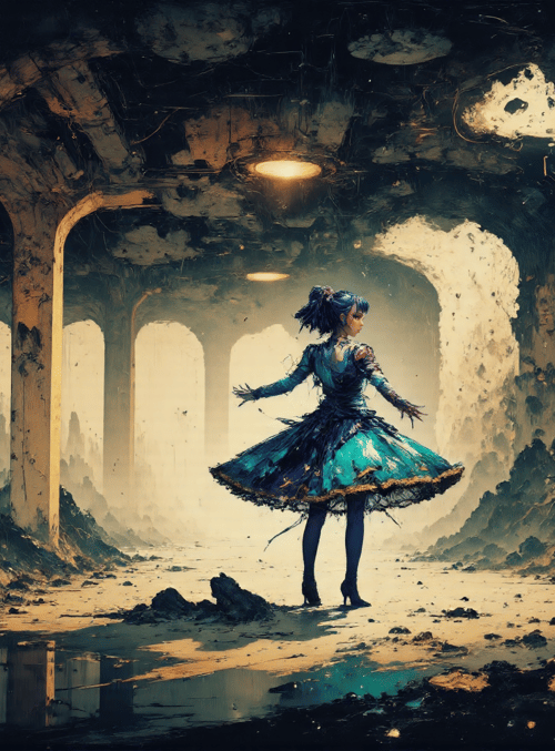 girl, dress, ruins