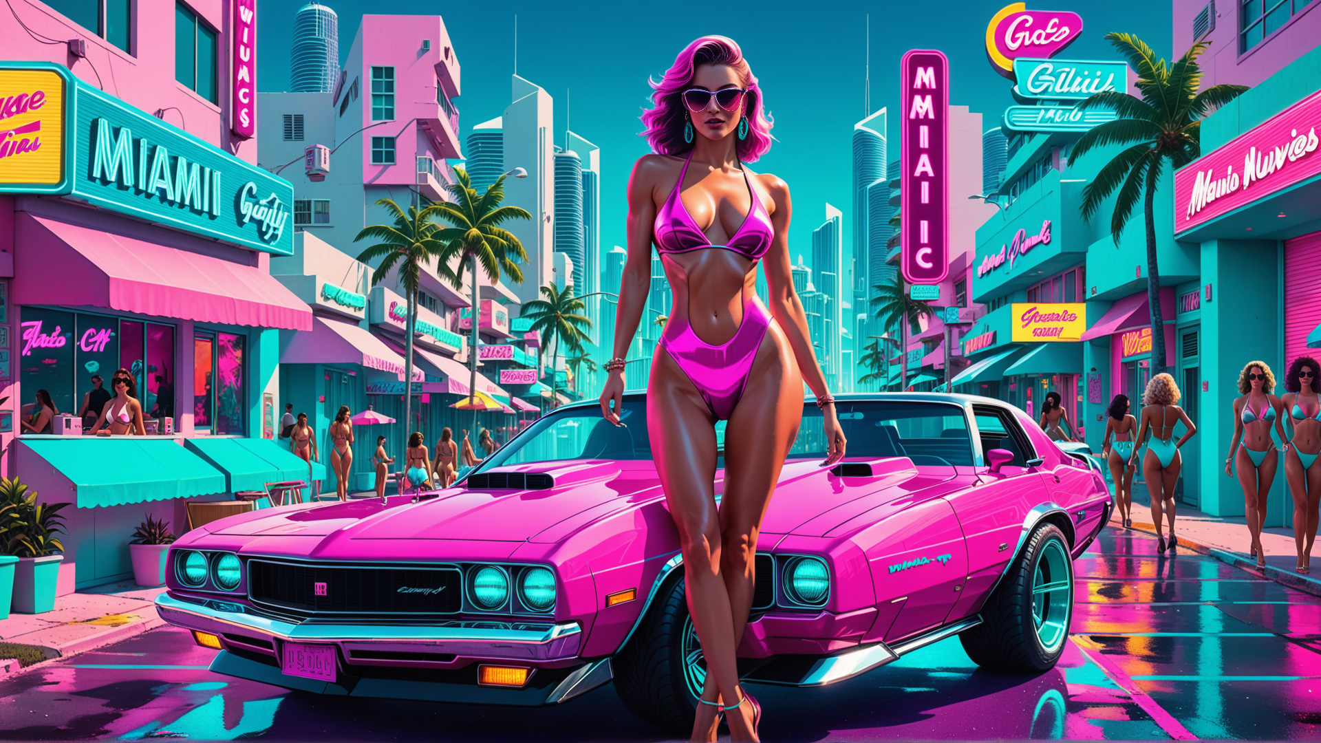 AI generated wallpaper featuring woman, car, city