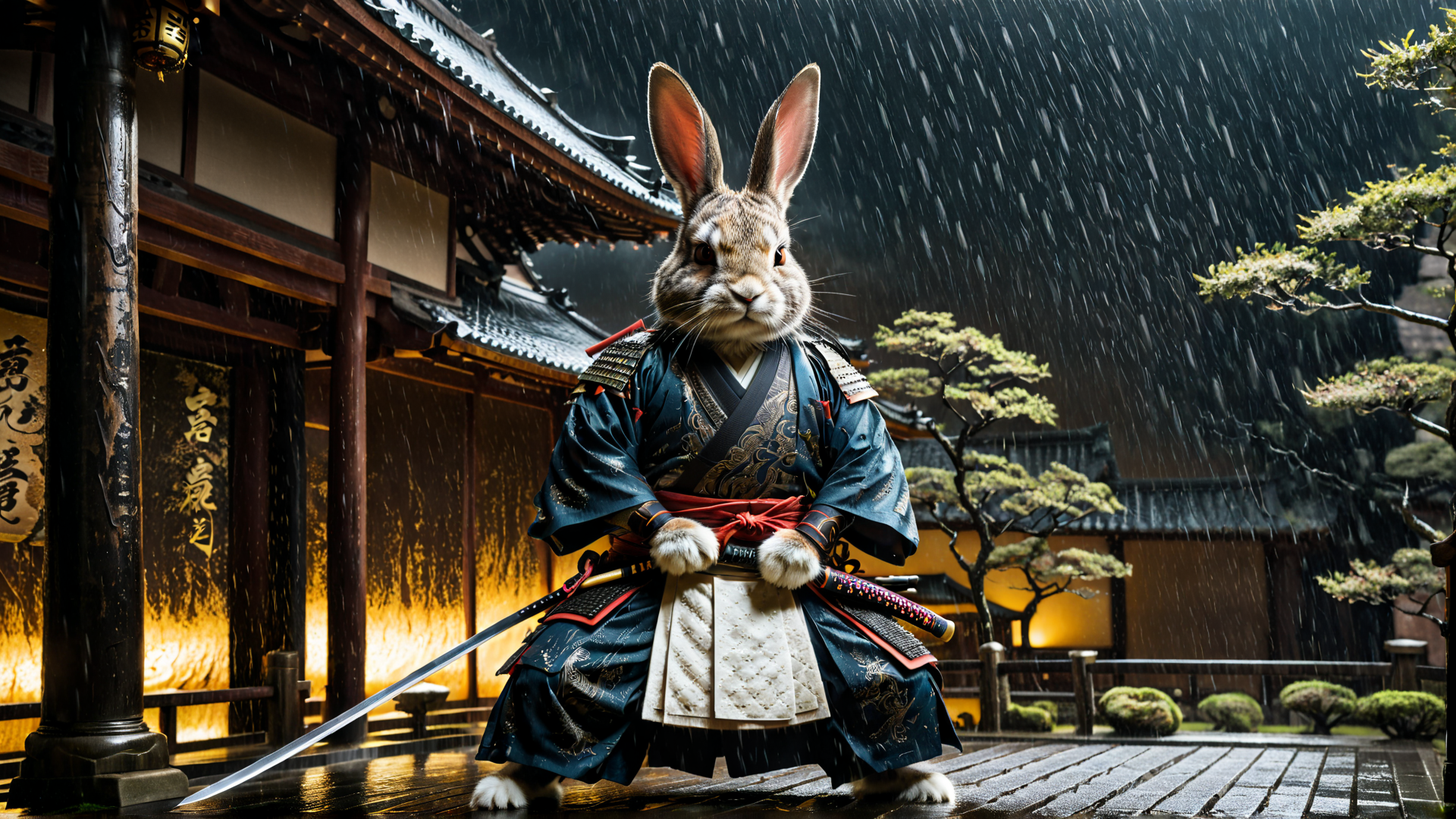 AI generated wallpaper featuring rabbit, samurai, sword, traditional, building