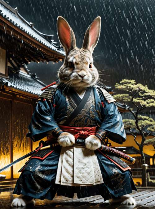 rabbit, samurai, sword, traditional, building