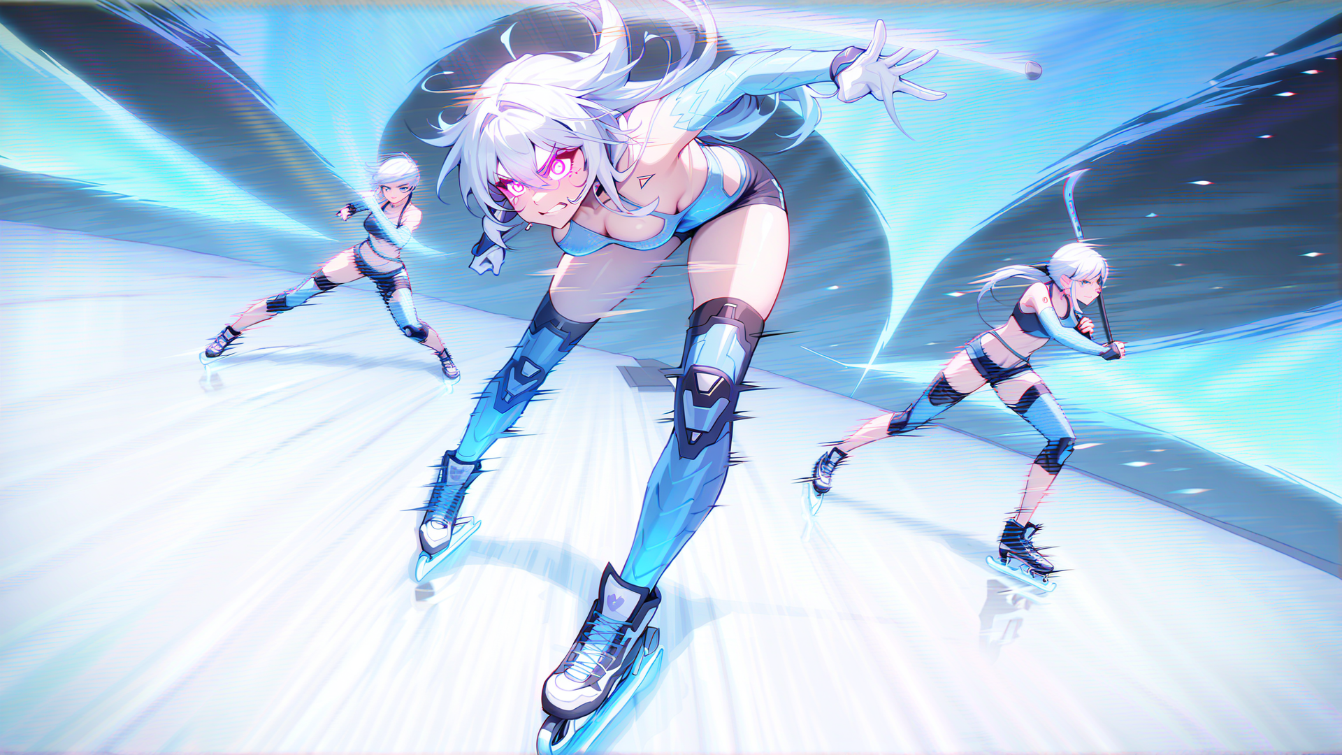 AI generated wallpaper featuring skater, anime character, ice rink, speed, motion, figure, girl, futuristic, glowing, sleek