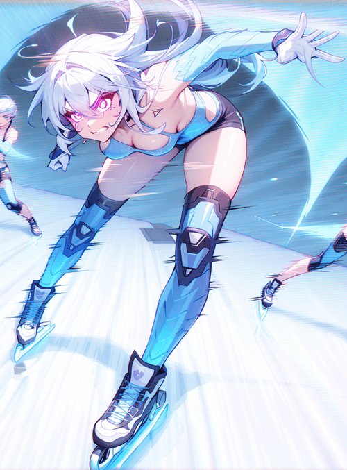 skater, anime character, ice rink, speed, motion, figure, girl, futuristic, glowing, sleek