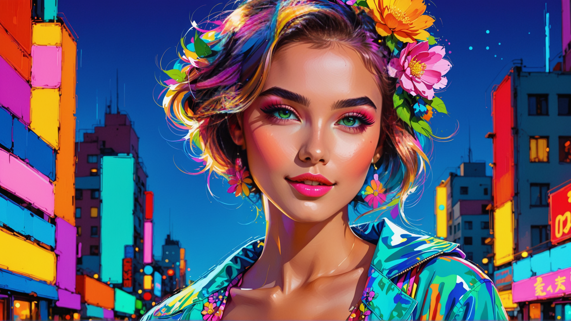 AI generated wallpaper featuring woman, city, flowers