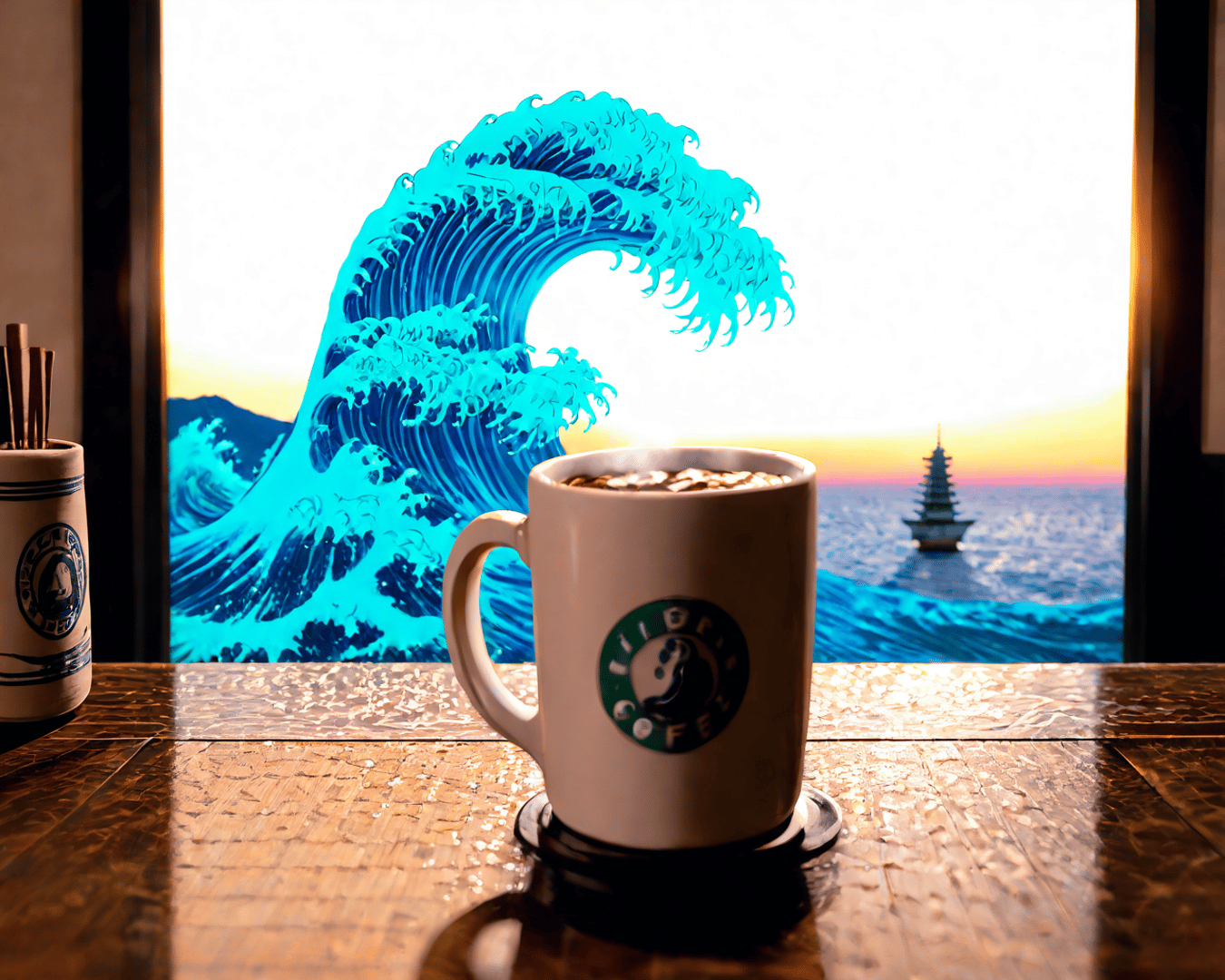 AI generated wallpaper featuring coffee cup, wave, pagoda