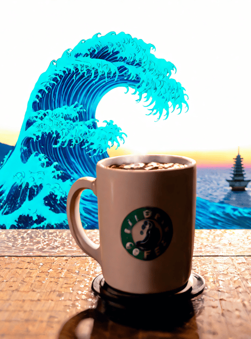 coffee cup, wave, pagoda