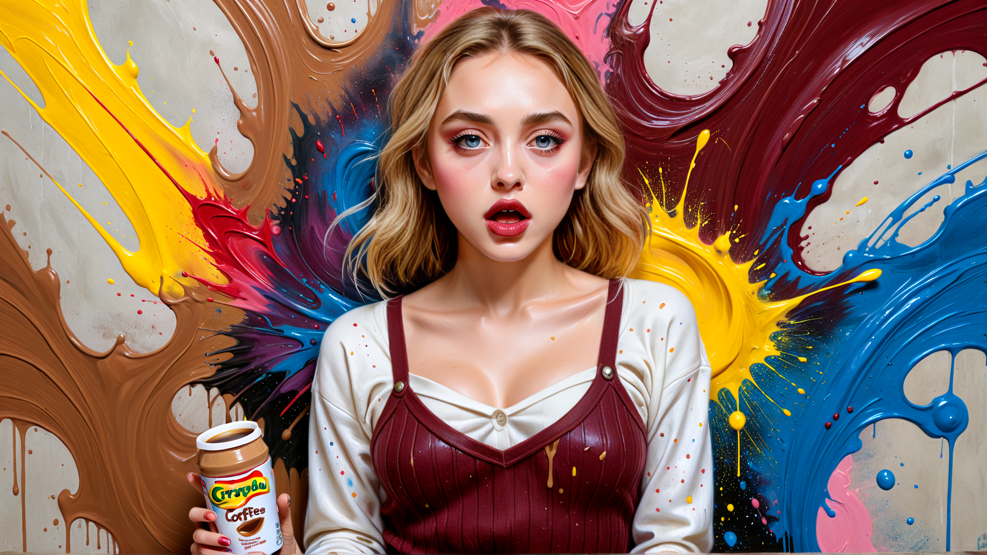 AI generated wallpaper featuring woman, paint, coffee, sweater, overalls