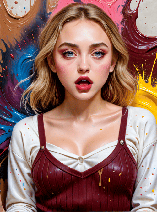 woman, paint, coffee, sweater, overalls