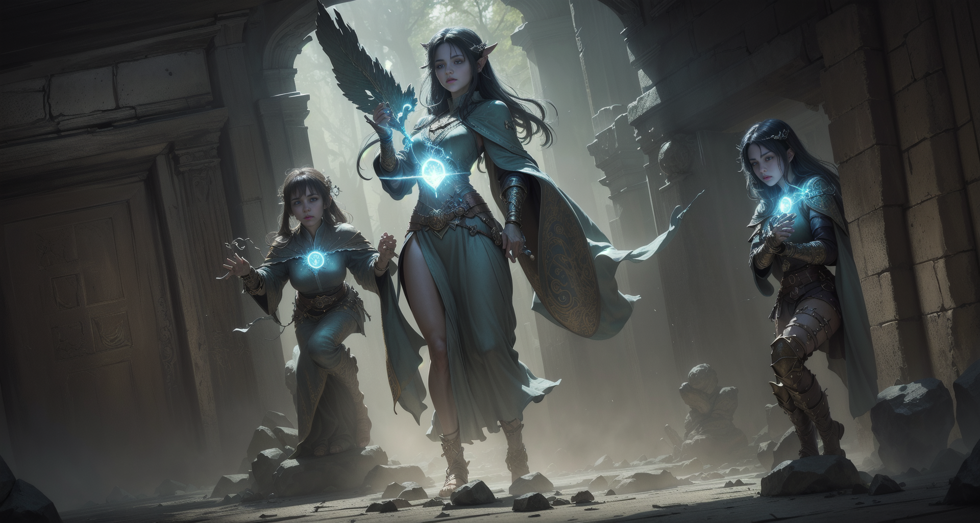 AI generated wallpaper featuring elves, mages, ancient ruins