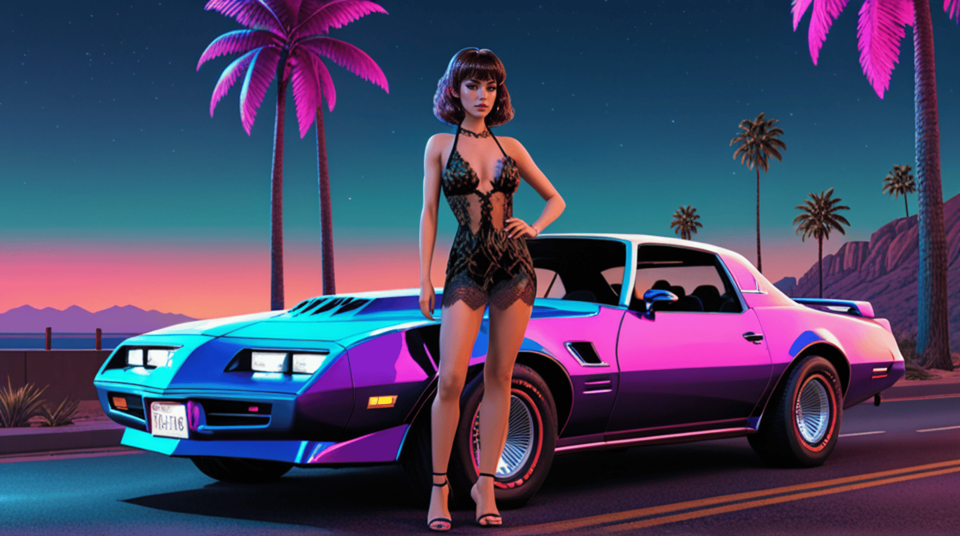 AI generated wallpaper featuring woman, car