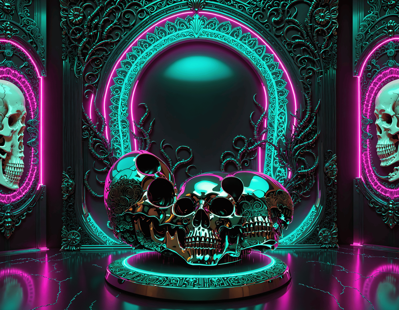 AI generated wallpaper featuring skull, neon, arch