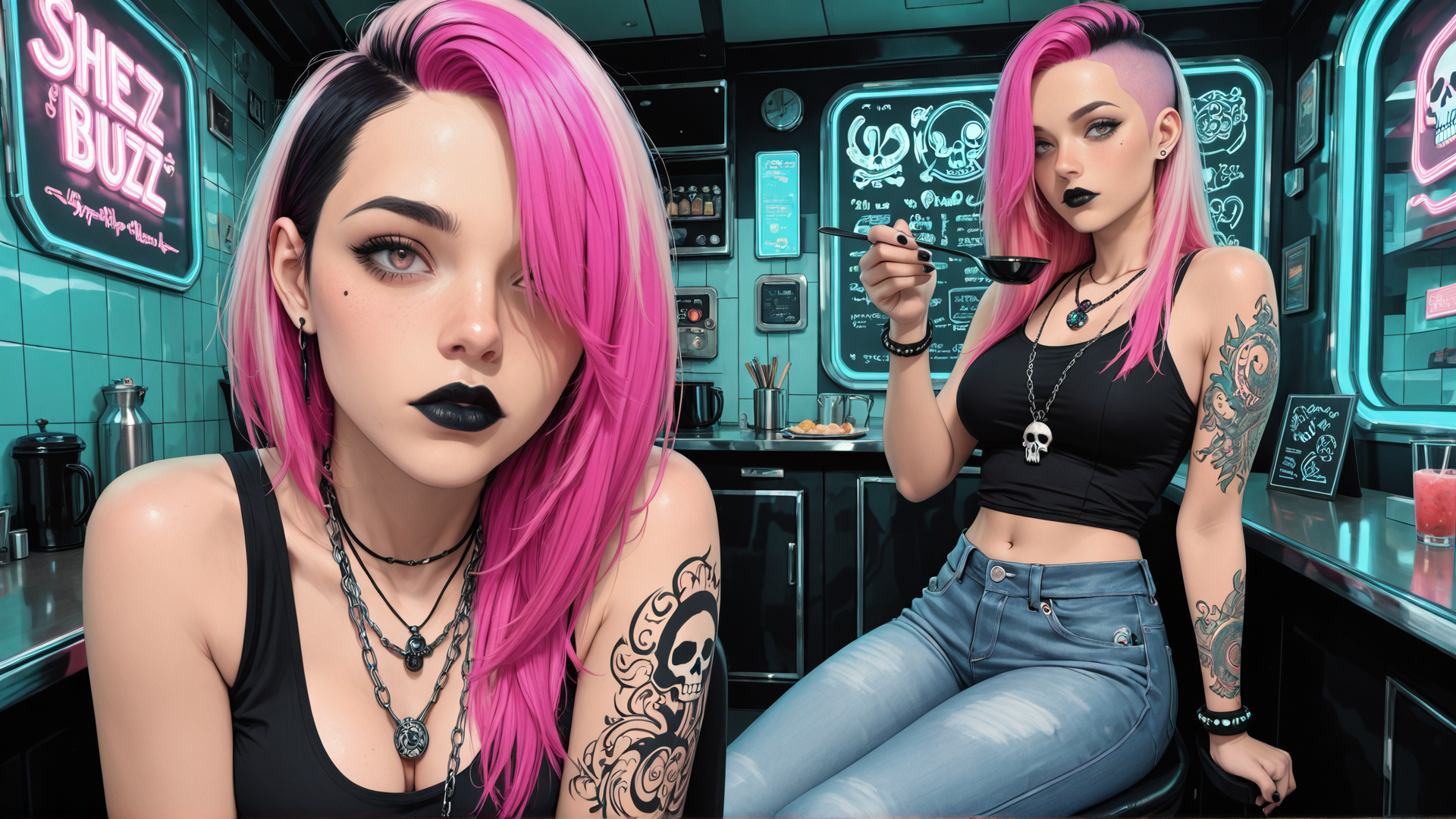 AI generated wallpaper featuring women, tattoos, neon, diner, sweater, chairs, bowl, skull, black, pink