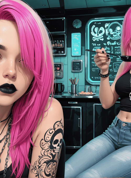 women, tattoos, neon, diner, sweater, chairs, bowl, skull, black, pink